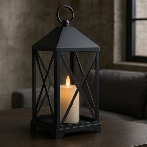 Industrial Matte Black Flameless Candle Lantern Geometric Metal Lamp For Modern Loft Apartment Living Room Decor