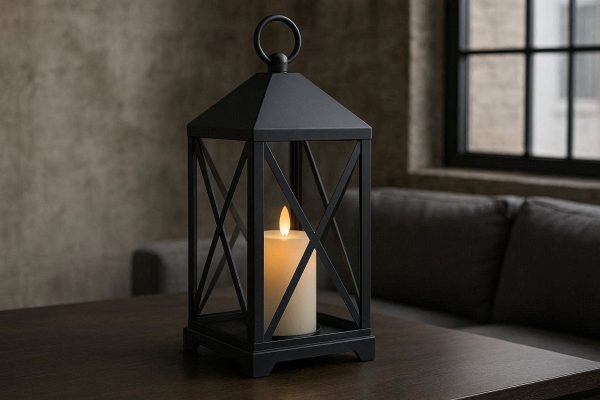 11 Industrial Matte Black Flameless Candle Lantern Geometric Metal Lamp For Modern Loft Apartment Living Room Decor