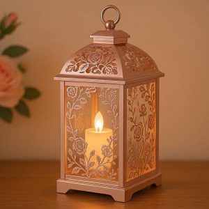 Delicate Rose Gold Electric Candle Light Romantic Floral Pattern Lantern For Girls Bedroom Nightstand Decoration
