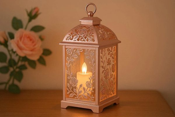 12 Delicate Rose Gold Electric Candle Light Romantic Floral Pattern Lantern For Girls Bedroom Nightstand Decoration