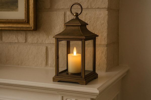13 Antique Brass Battery Operated LED Candle Lamp Traditional Style Lantern For Classic Living Room Fireplace Mantel