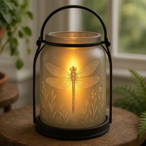 Whimsical Dragonfly Etched Glass Flameless Candle Light Nature Theme Lantern For Sunroom Garden Room Styling