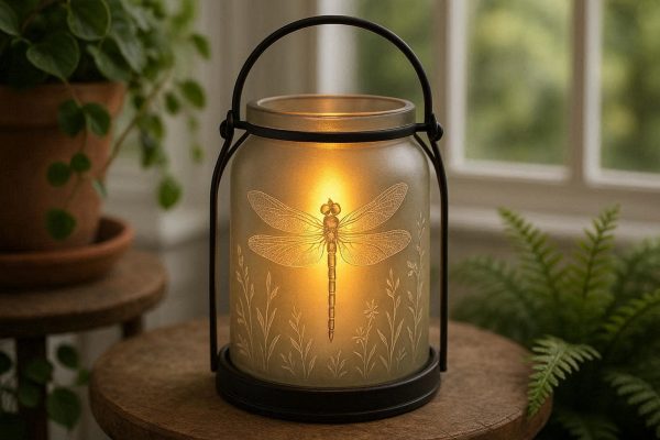14 Whimsical Dragonfly Etched Glass Flameless Candle Light Nature Theme Lantern For Sunroom Garden Room Styling