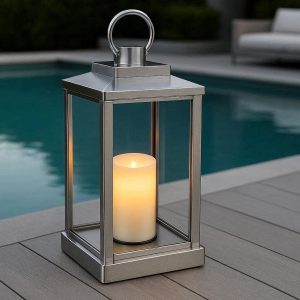 Sleek Silver Stainless Steel Electric Candle Lantern Modern Outdoor Lamp For Luxury Poolside Deck Entertaining