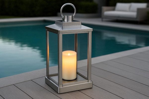 15 Sleek Silver Stainless Steel Electric Candle Lantern Modern Outdoor Lamp For Luxury Poolside Deck Entertaining