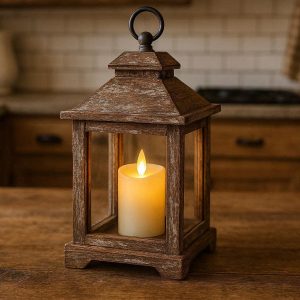 Rustic Distressed Wood Flameless Candle Lantern Vintage Style Centerpiece For Country Farmhouse Kitchen Decor