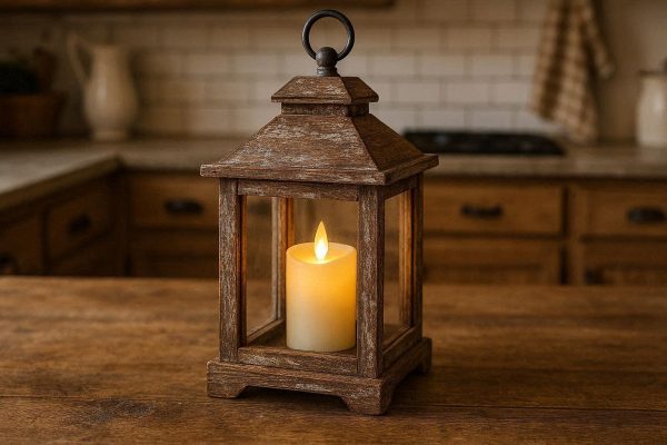 4 Rustic Distressed Wood Flameless Candle Lantern Vintage Style Centerpiece For Country Farmhouse Kitchen Decor