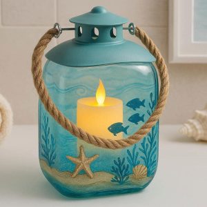 Whimsical Coastal Glass Flameless Candle Light Ocean Themed Lantern For Beach House Bathroom Decoration