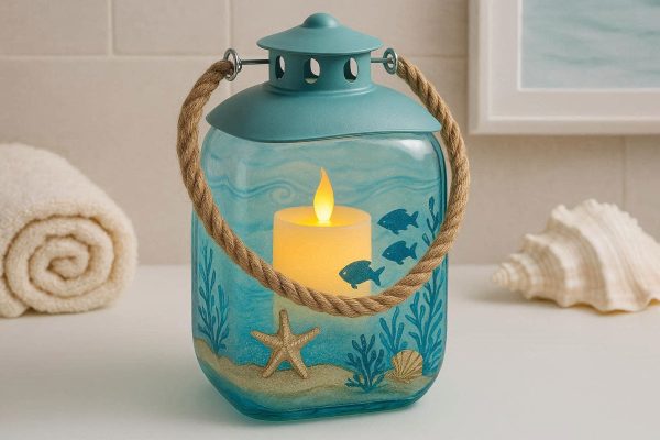 9 Whimsical Coastal Glass Flameless Candle Light Ocean Themed Lantern For Beach House Bathroom Decoration